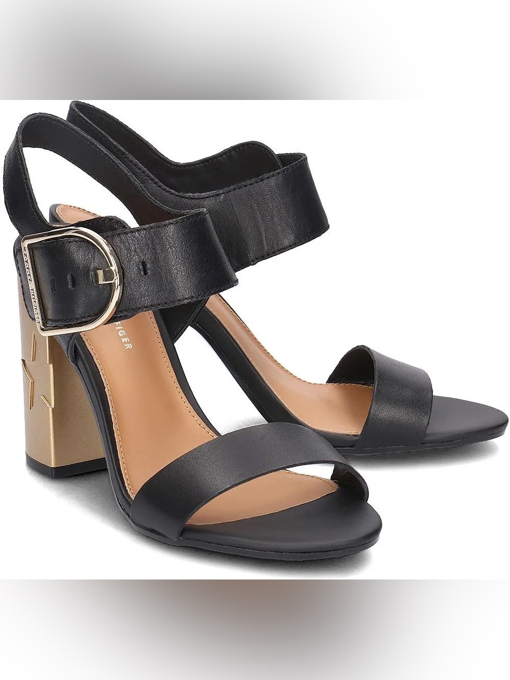 Tommy Hilfiger Black Leather Block Heel Sandals with Gold Accent